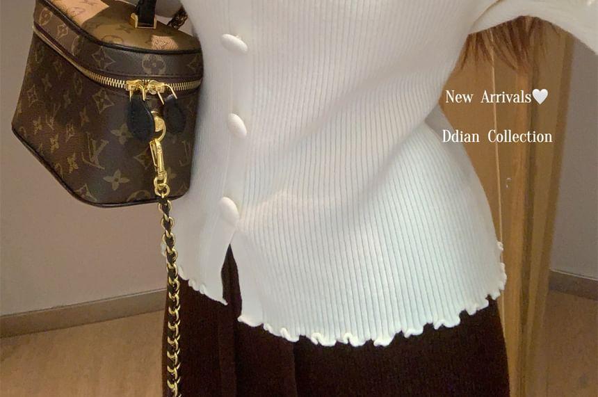 Long-Sleeve Boat Neck Lettuce Edge Ribbed Button Knit Top Product Image