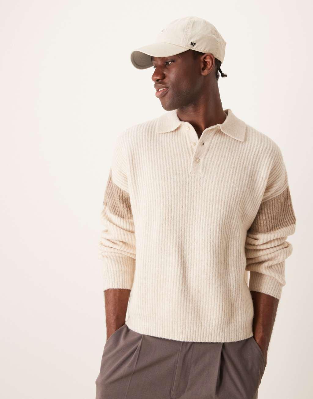 ASOS DESIGN relaxed boxy fit ribbed polo sweater in ecru with stone sleeve panel Product Image