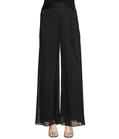 Alex Evenings Petite Size Mesh Mid Rise Wide Leg Tie Waist Pants Product Image