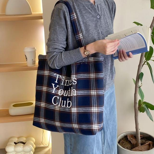 Plaid Lettering Embroidered Tote Bag Product Image