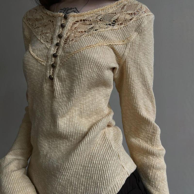 Long Sleeve V-Neck Lace Panel Ribbed-Knit Slim-Fit Top Product Image