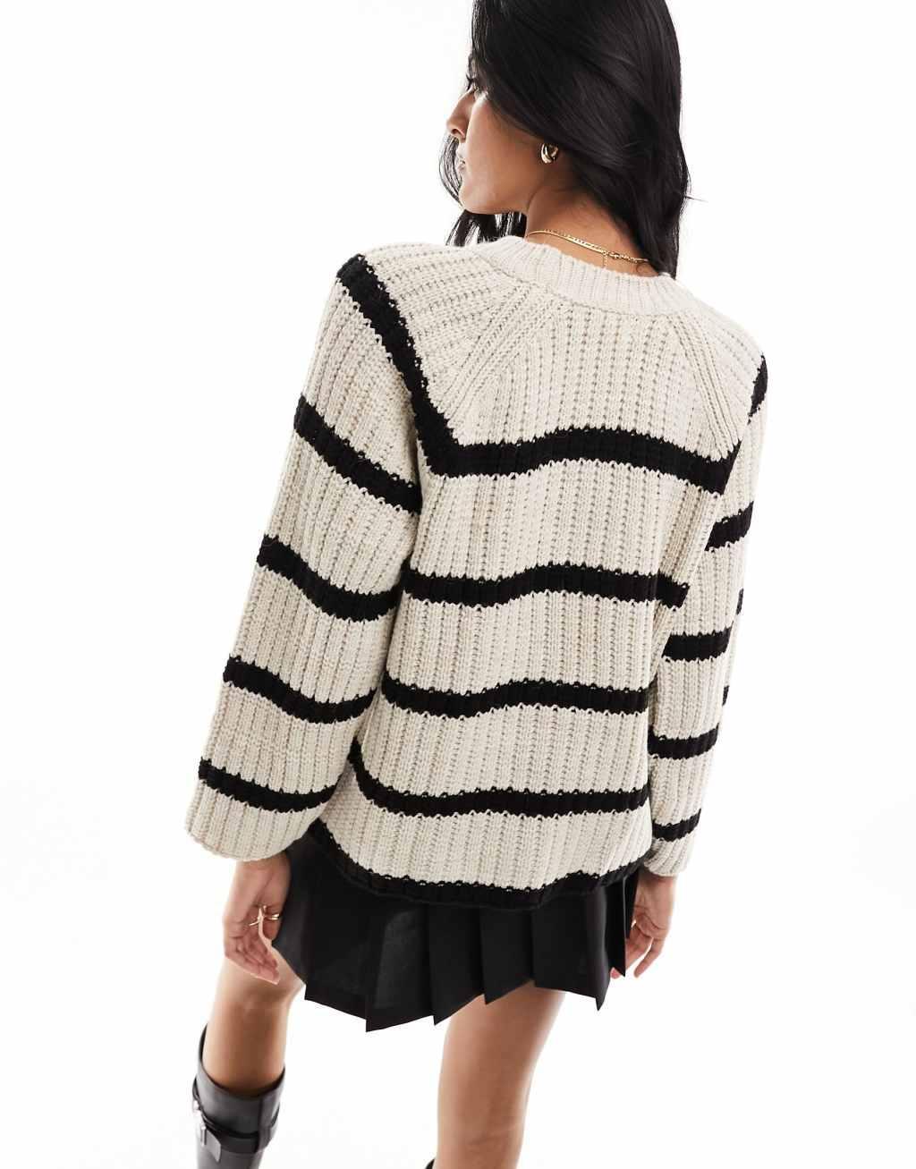 Pull&Bear textured waffle knit sweater in ecru stripe Product Image