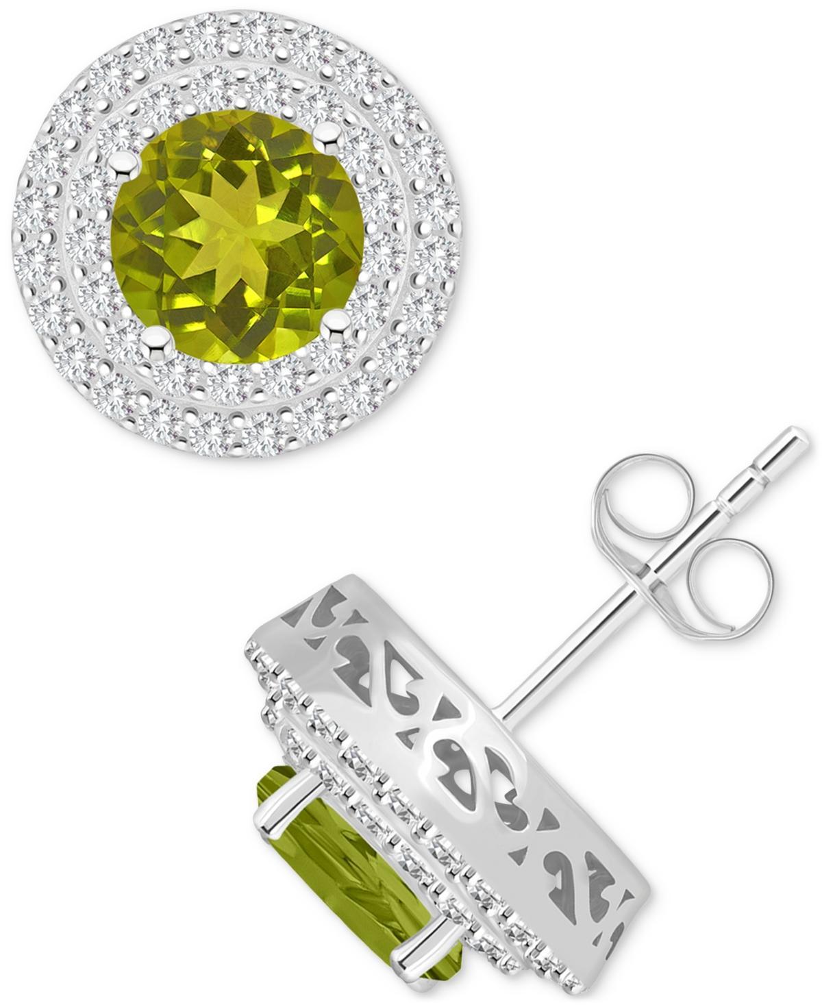 Celebration Gems Sterling Silver Round-Cut Peridot & White Topaz Double Halo Stud Earrings, Womens, Green Product Image