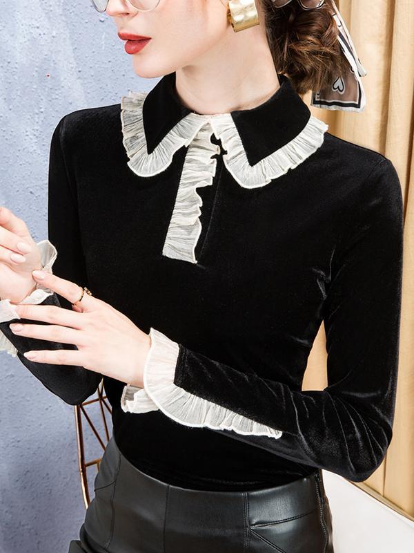 Long Sleeves Skinny Hollow Ruffled Peter Pan Collar T-Shirts Tops Product Image