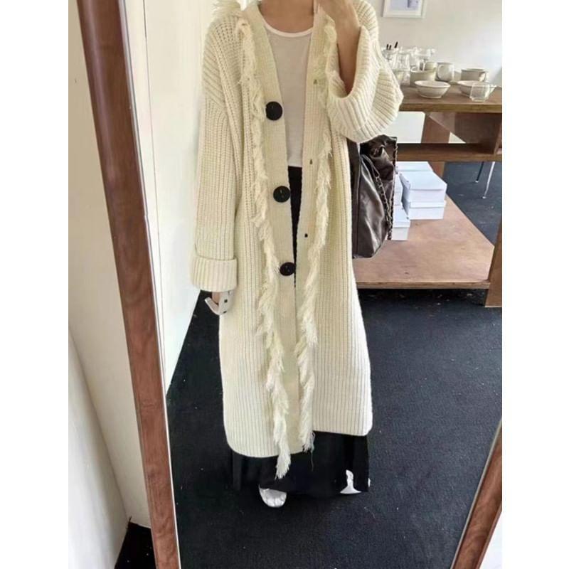 Frill Trim Button-Up Plain Long Cardigan Product Image