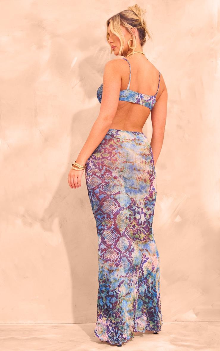 Blue Animal Print Crinkle Mesh Cut Out Maxi Dress Product Image