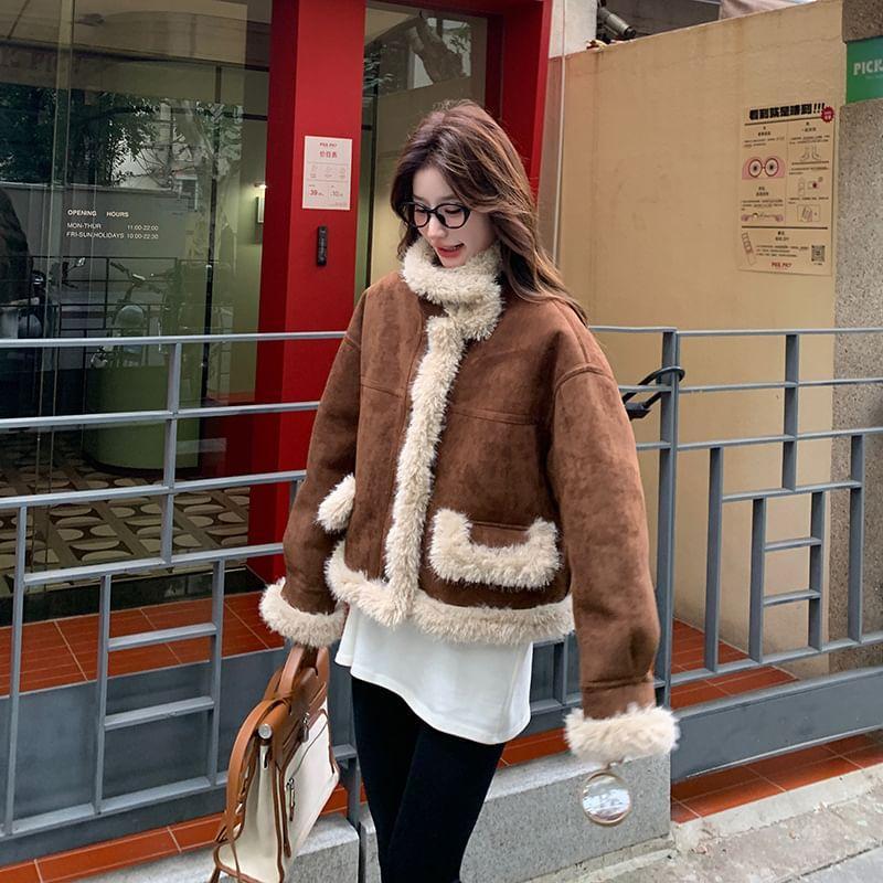 Stand Collar Reversible Faux Shearling Button Jacket Product Image