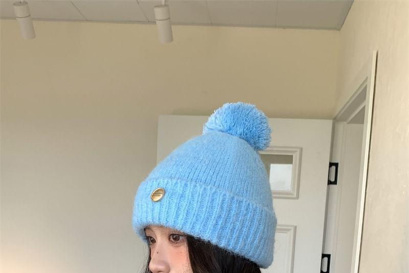 Metal Plate Pom Pom Knit Beanie product image