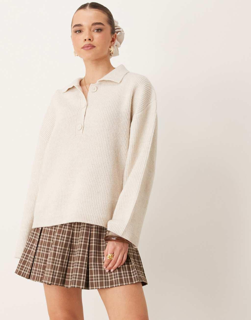 Gina Tricot knitted button polo collar long sleeve top in stone Product Image