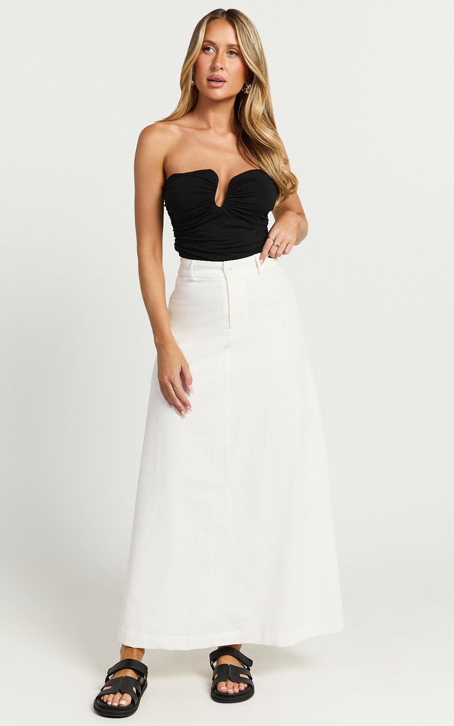 Benjie Maxi Skirt - Tailored Linen Look High Waisted A Line in White Product Image