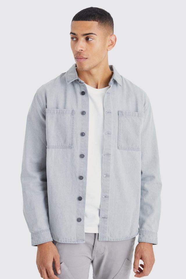 Mens Grey Long Sleeve Denim Overshirt, Grey Product Image