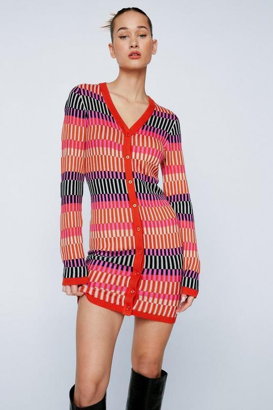 Petite Contrast Stripe Button Up Knit Mini Dress Product Image