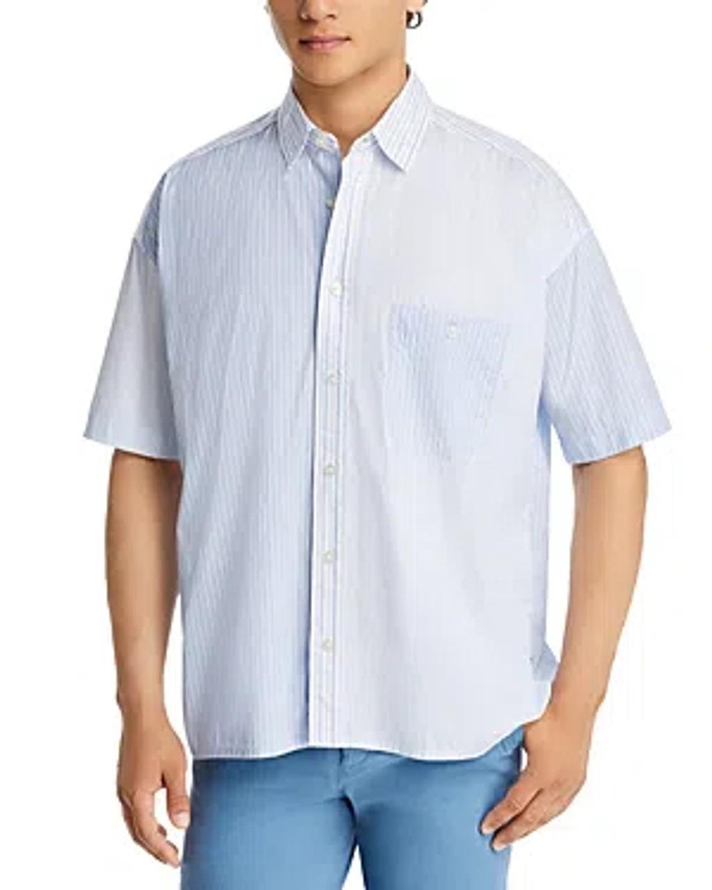 Cotton Color Blocked Pinstripe Relaxed Fit Button Down Shirt In Light Pastel Blue Product Image