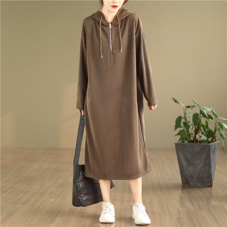 Half Zip Plain Midi Hoodie Dress Product Image