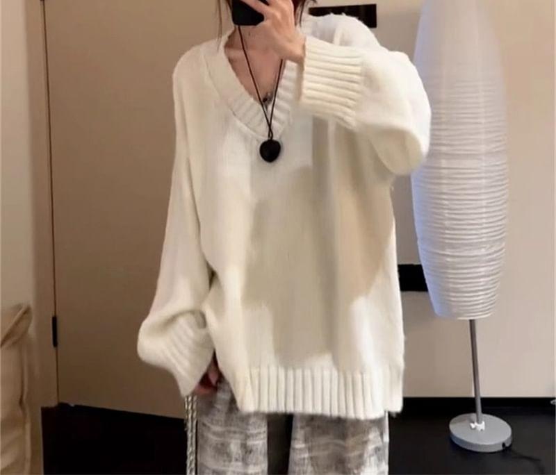 V-Neck Plain Oversized Sweater Product Image