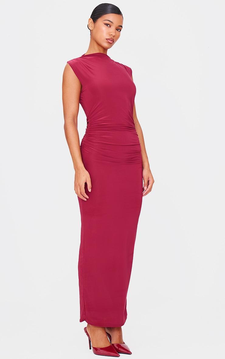 Burgundy Slinky High Neck Ruched Side Midaxi Dress Product Image