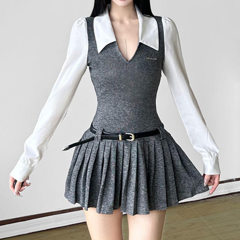 Long Sleeve V-Neck Color-Block Slim-Fit Mini Pleated Dress Product Image