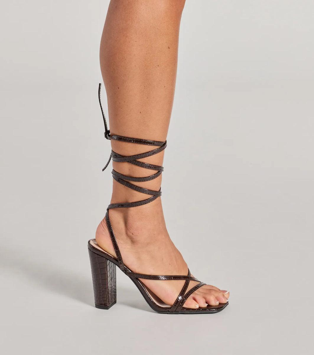 So Sleek Faux Croc Embossed Lace-Up Block Heels product image