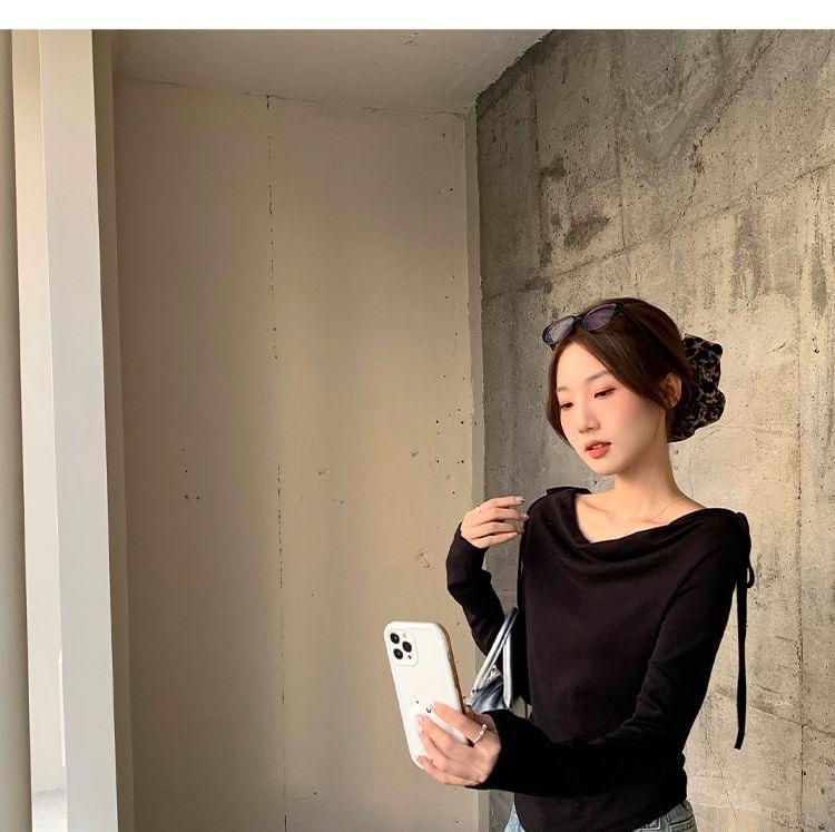 Long-Sleeve Cowl Neck Plain Bow Accent Slim Fit Crop T-Shirt Product Image