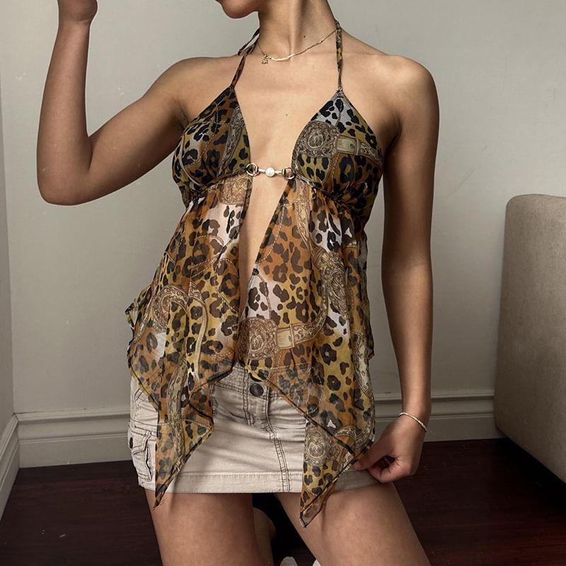 Leopard Print Asymmetrical Halter Top Product Image