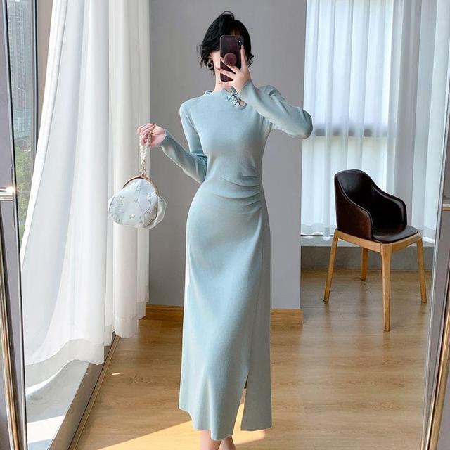 Long-Sleeve Stand Collar Plain Ruched Frog Buttoned Slit Midi A-Line Knit Dress Product Image