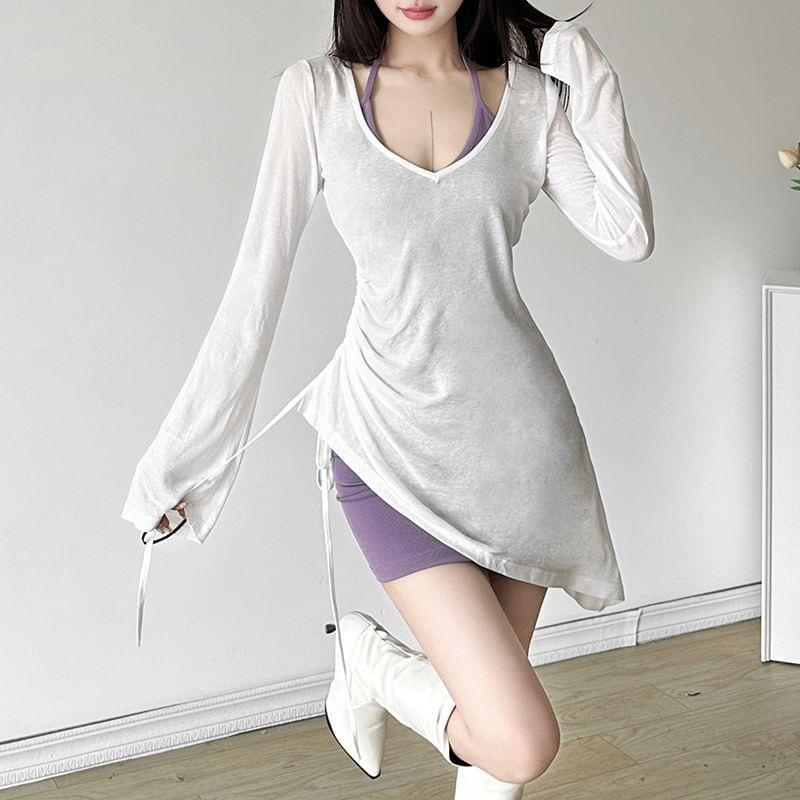 Set: Long-Sleeve V-Neck Plain Tee + Halter Mini Bodycon Dress Product Image