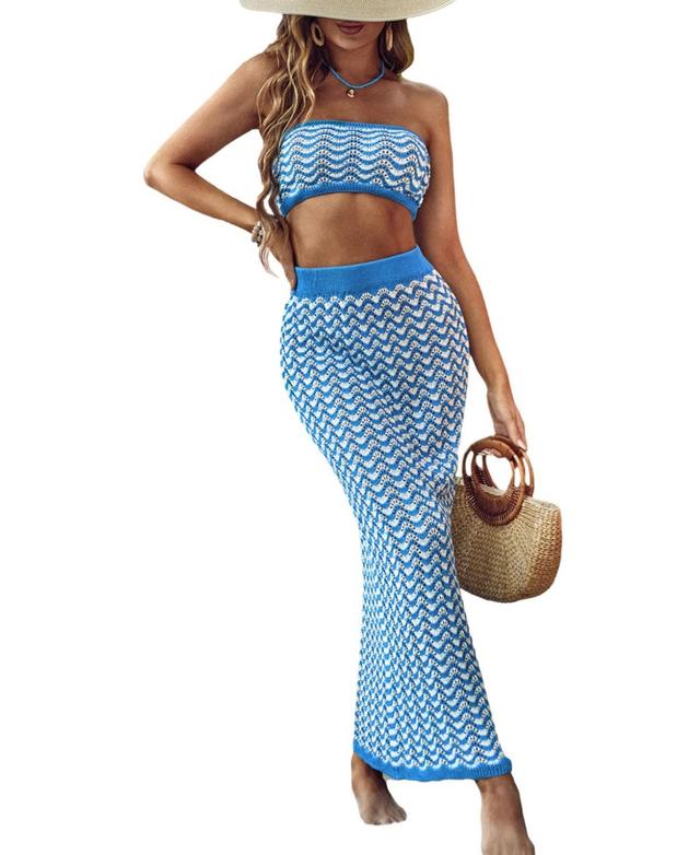 Womens Blue-and-White Wave Crochet Tube Top & Maxi Skirt Set - Light Product Image