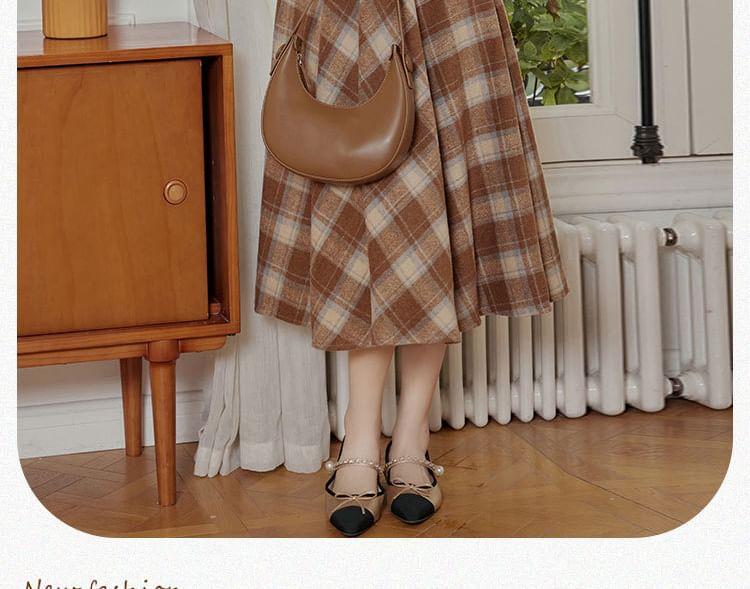 Set: Long-Sleeve Mock Neck Plain Knit Top + High Rise Plaid Midi A-Line Skirt Product Image