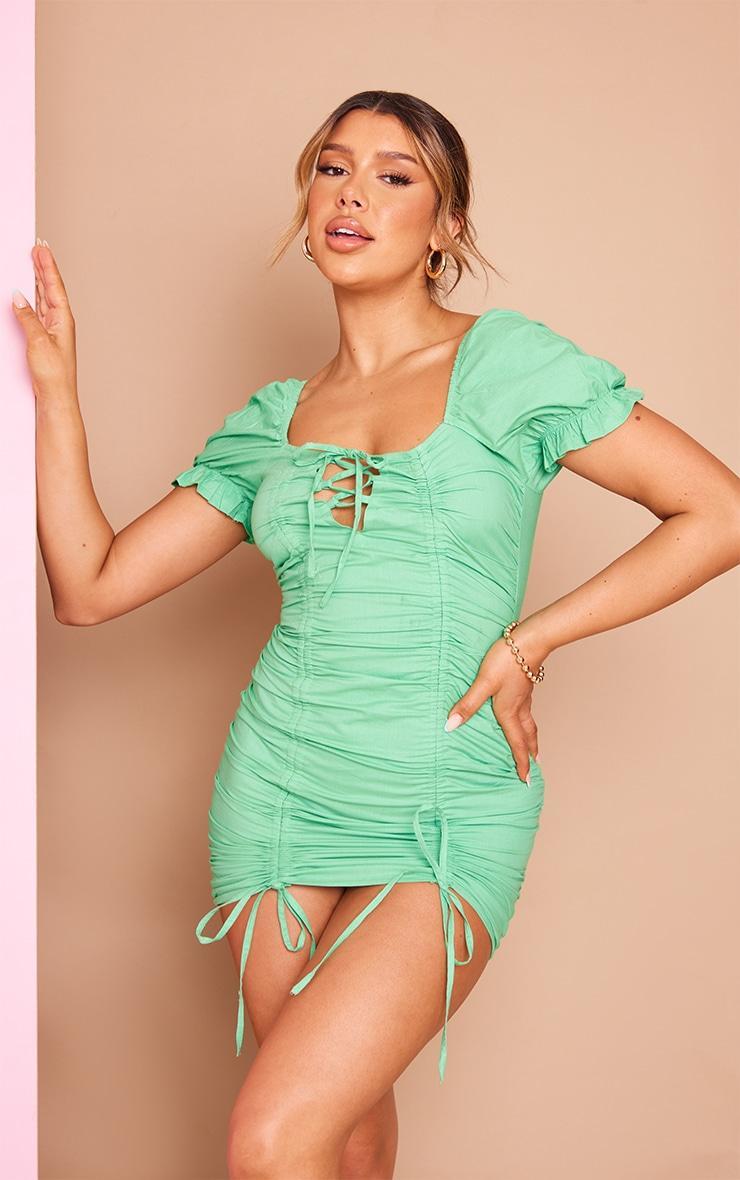 Green Lace Up Ruched Puff Sleeve Bodycon Dress Product Image