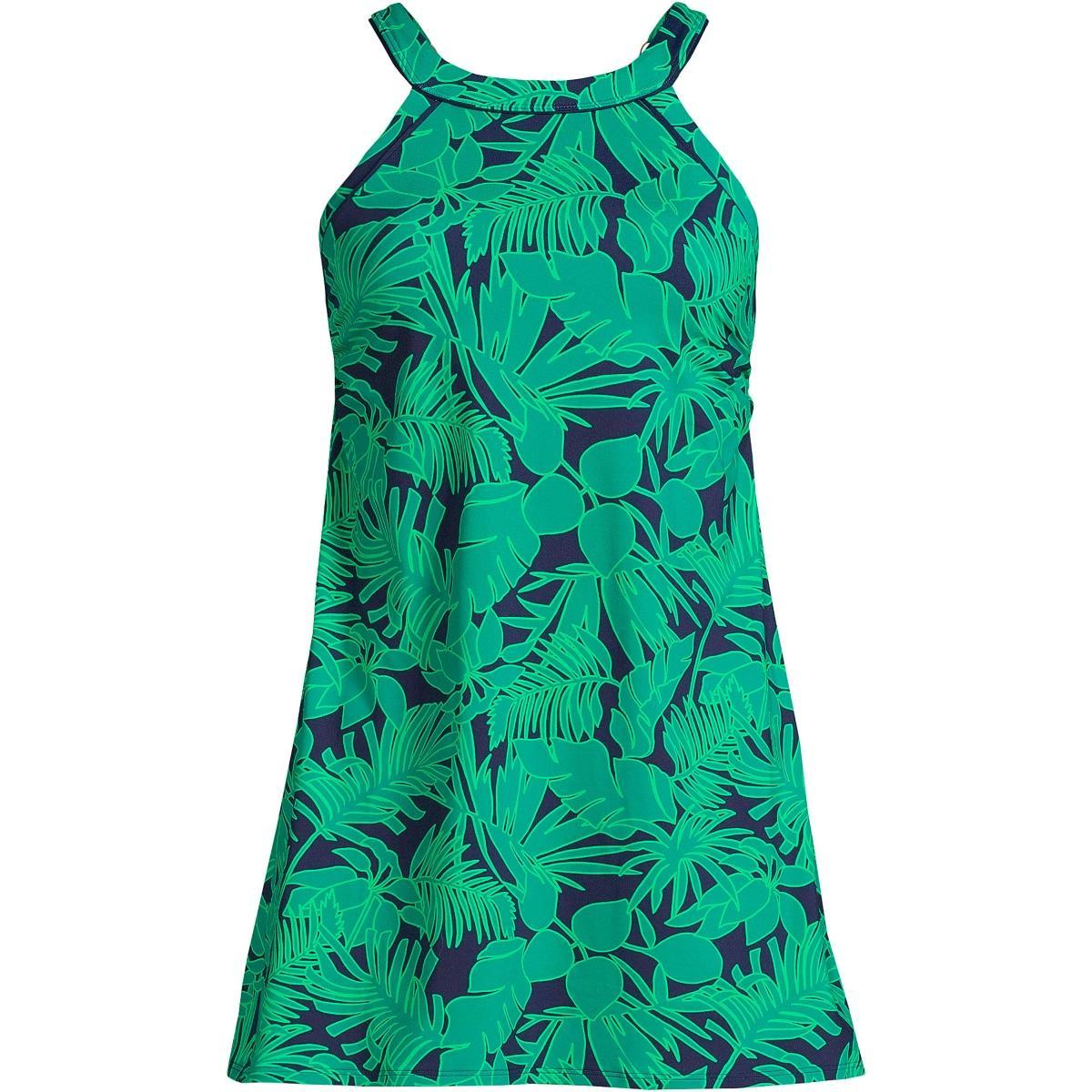 Womens Lands End UPF 50 High Neck One-Piece Swim Dress Green Stipple Palm Product Image