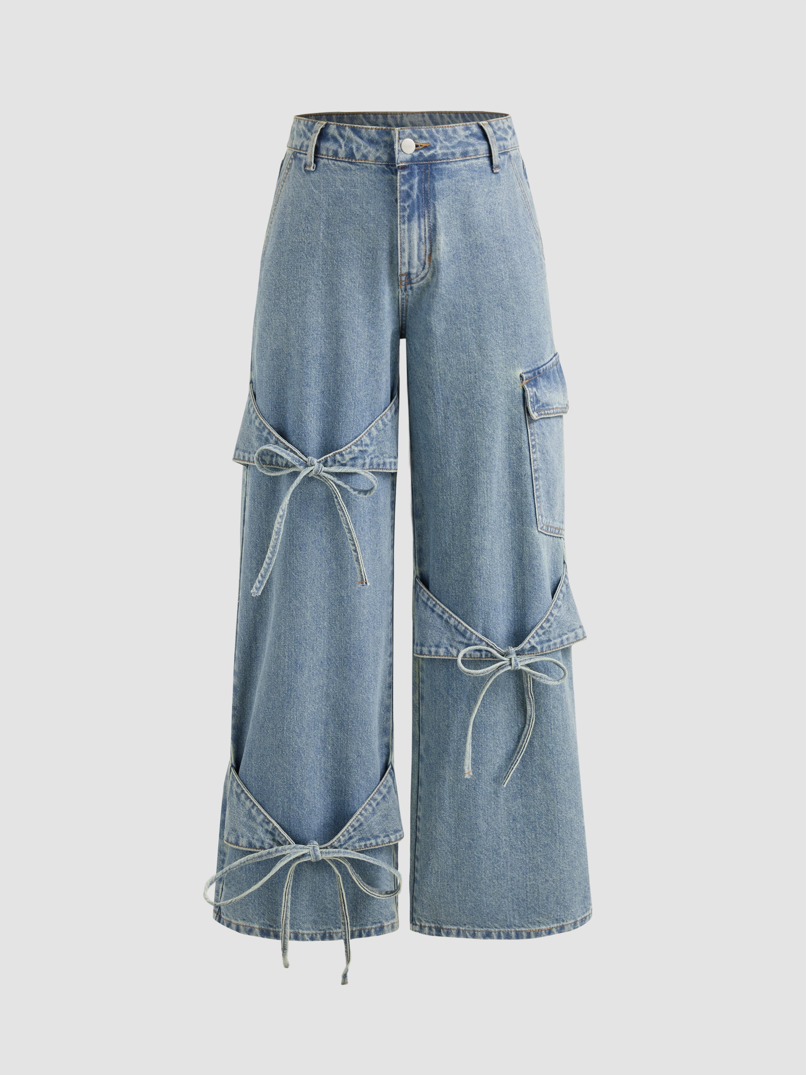 Cider Denim Low Rise Solid Bowknot Pocket Wide Leg Jeans Product Image