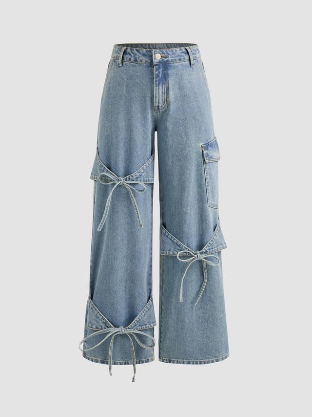 Cider Denim Mid Rise Solid Bowknot Pocket Wide Leg Jeans Product Image