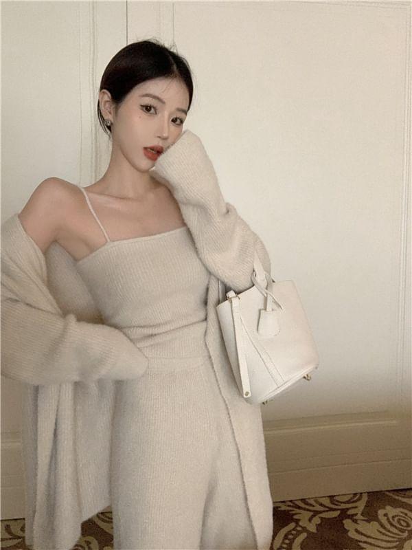 Knit Camisole Top / Buttonless Long Cardigan / Wide-Leg Knit Pants Product Image