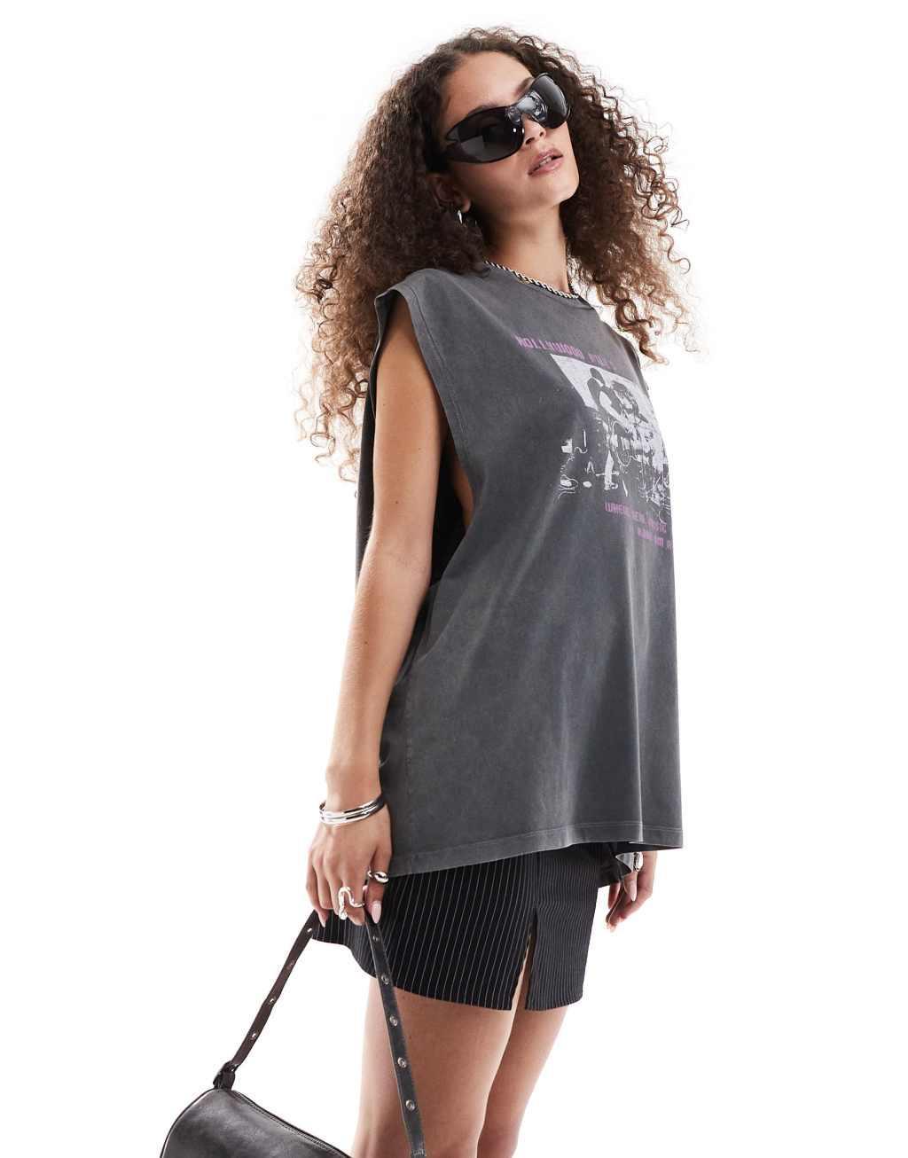 ASOS DESIGN oversized tank top with pink rock graphic in washed charcoal Product Image