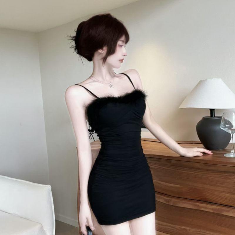 Spaghetti Strap Plain Ruched Fluffy Trim Mini Bodycon Dress Product Image