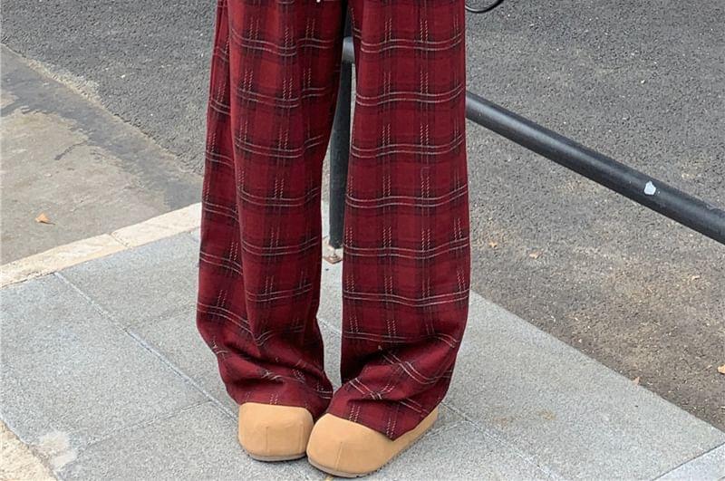 Drawstring Waist Plaid Wide Leg Pants Product Image