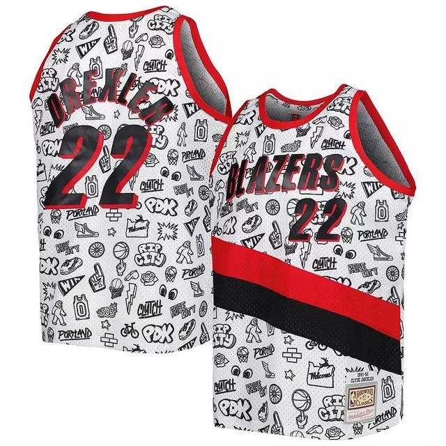 Mens Mitchell & Ness Clyde Drexler Portland Trail Blazers 1991-92 Hardwood Classics Doodle Swingman Player Jersey Product Image