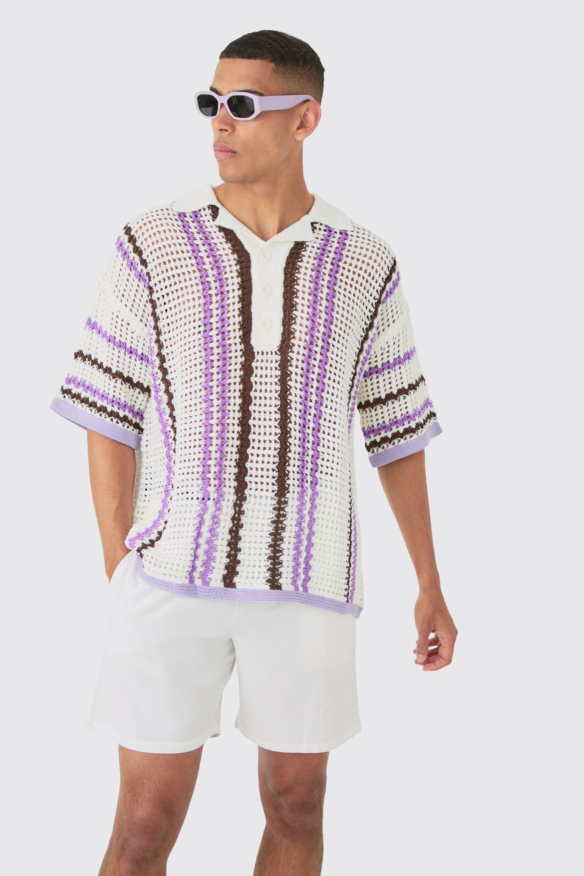 Oversized Open Stitch Deep Revere Stripe Knit Polo | boohooMAN USA Product Image