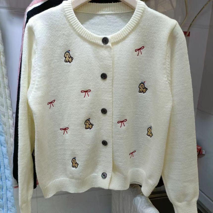 Crew Neck Bow Embroidered Button Cardigan Product Image