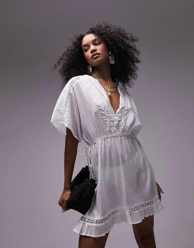 Topshop embroidered textured beach cover up in white Product Image