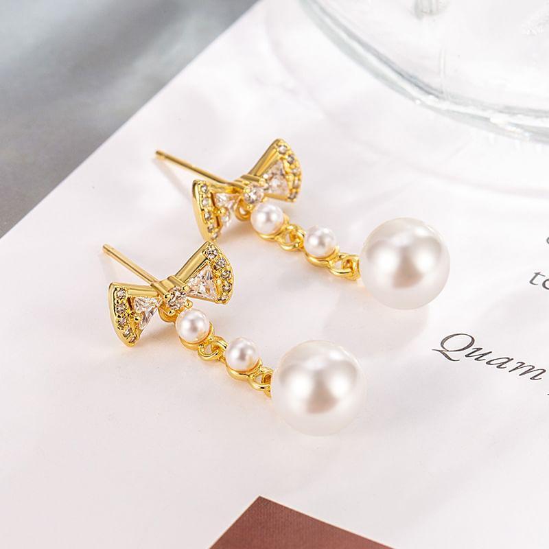 Bow Rhinestone Faux Pearl Alloy Dangle Earring Product Image