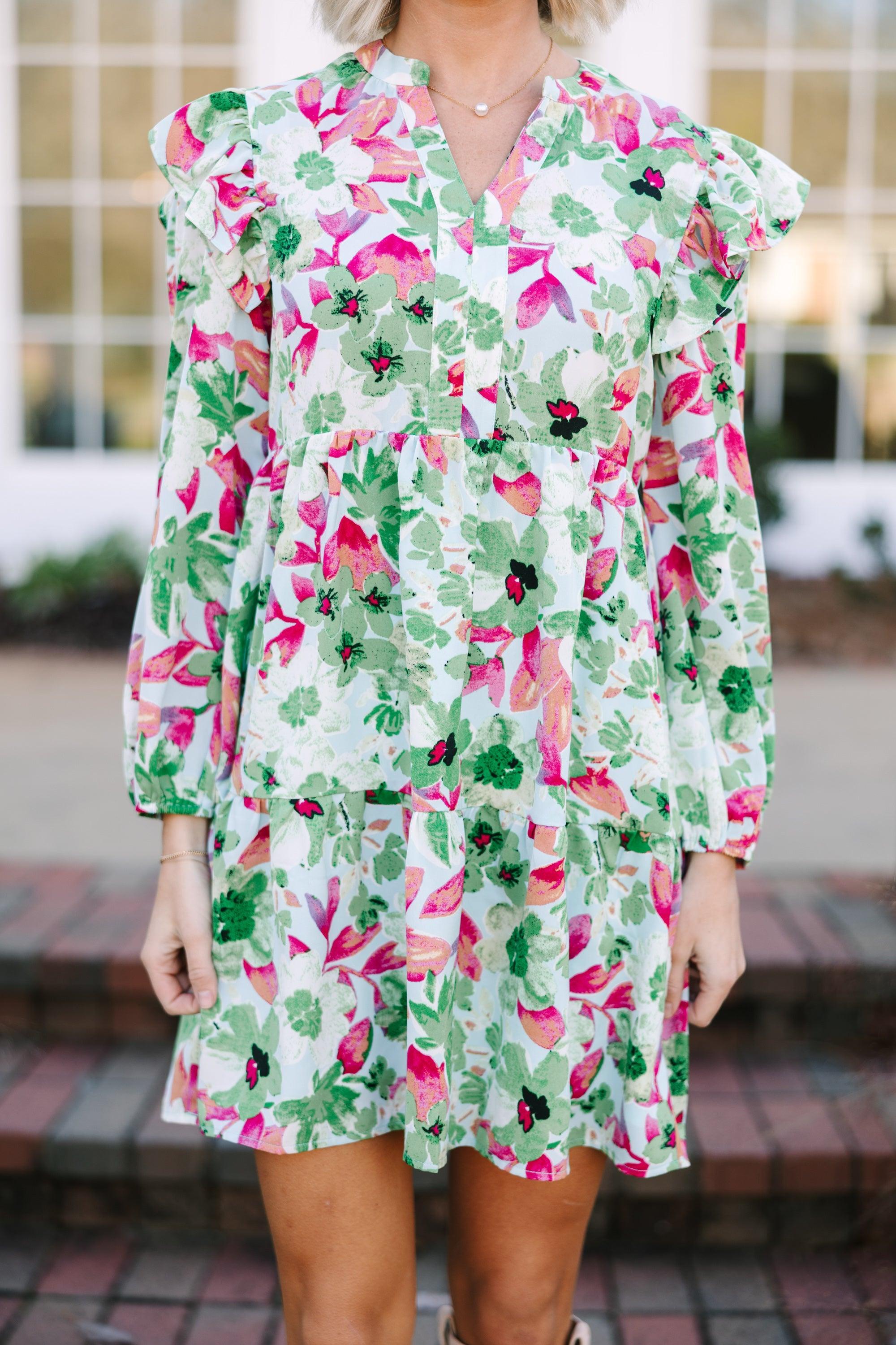 At This Time Green Floral L/S Dress Female Product Image