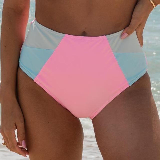 Summer Sun Pink Color Block High Waisted Bikini Bottoms FINAL SALE Product Image