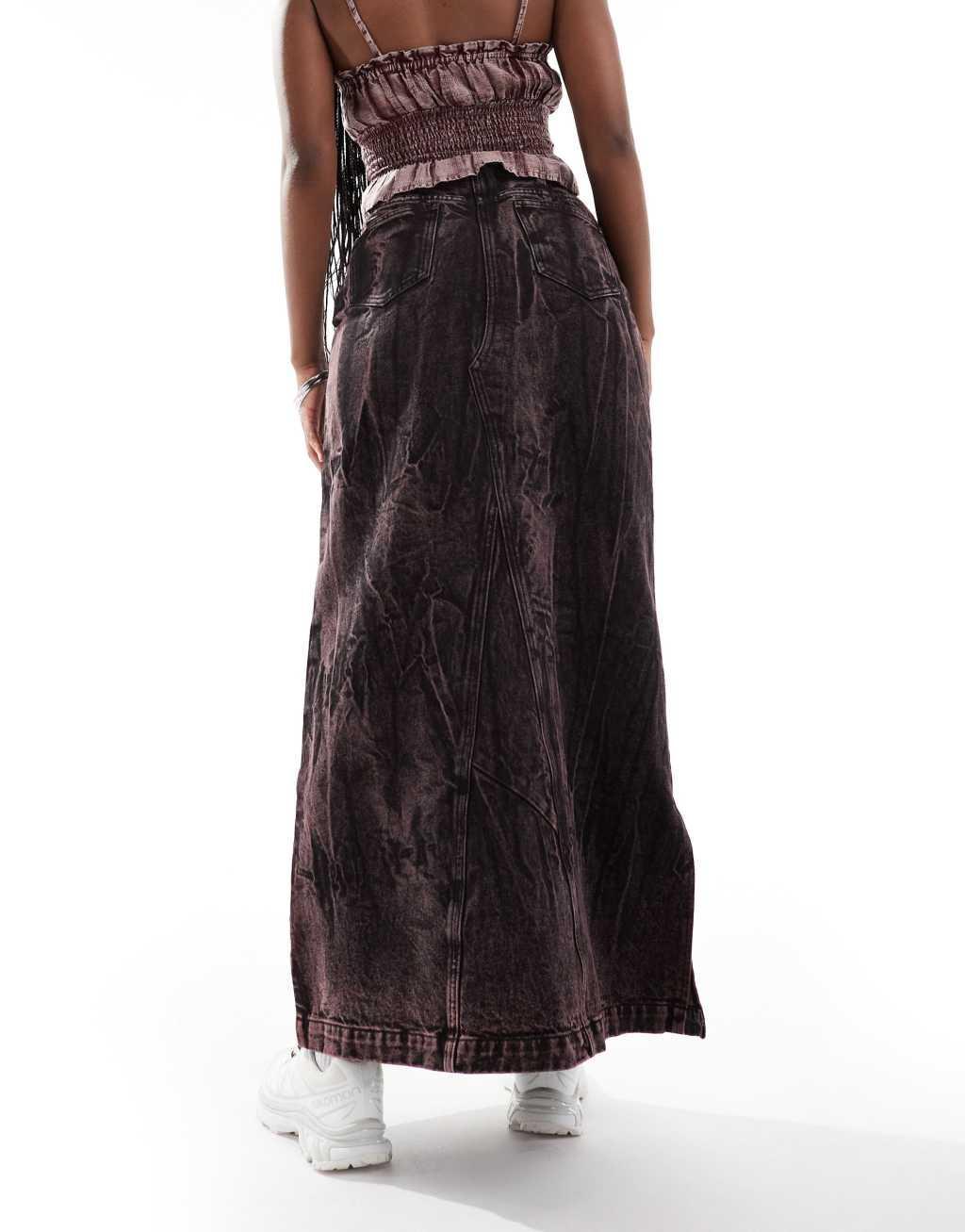 Deus Ex Machina acid wash denim maxi skirt in brown Product Image