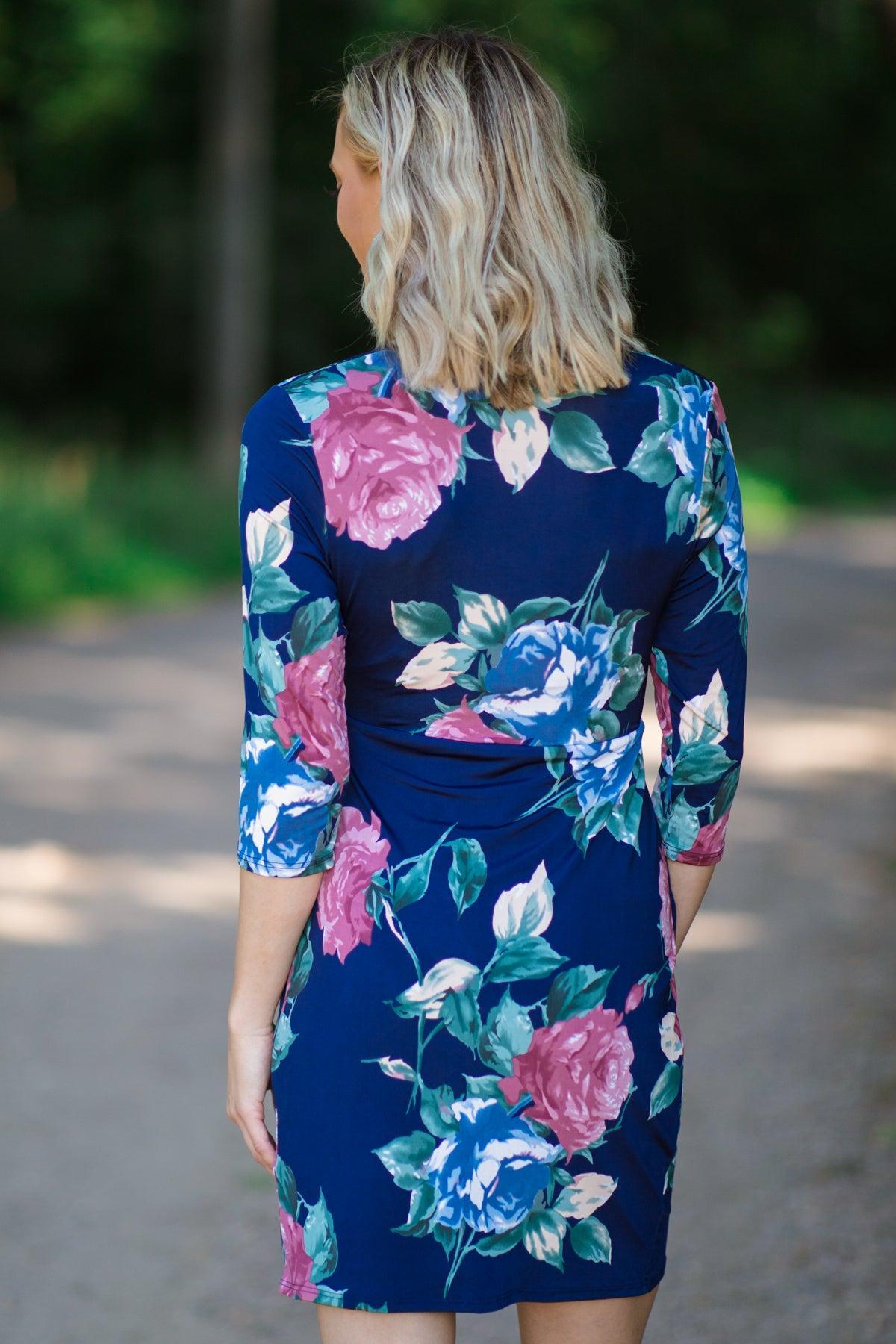 Navy and Dusty Rose Floral Print Dress Product Image