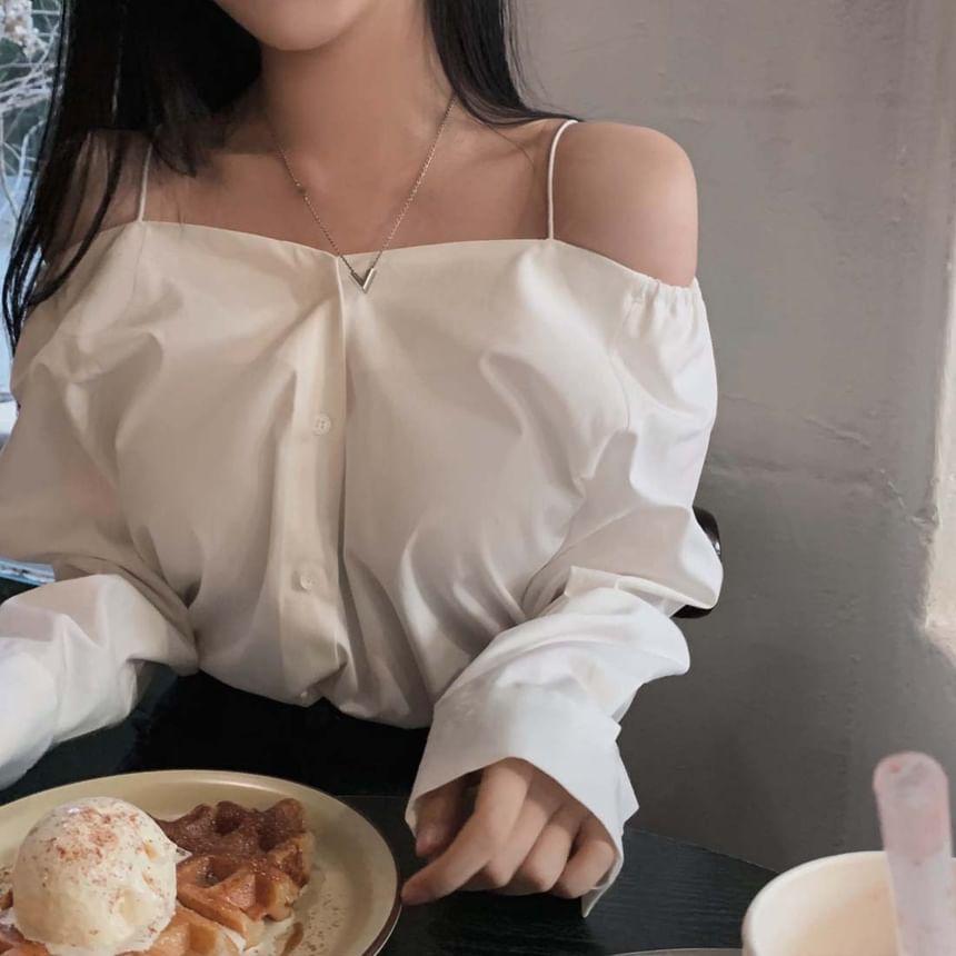 Long Sleeve Cold Shoulder Plain Blouse Product Image