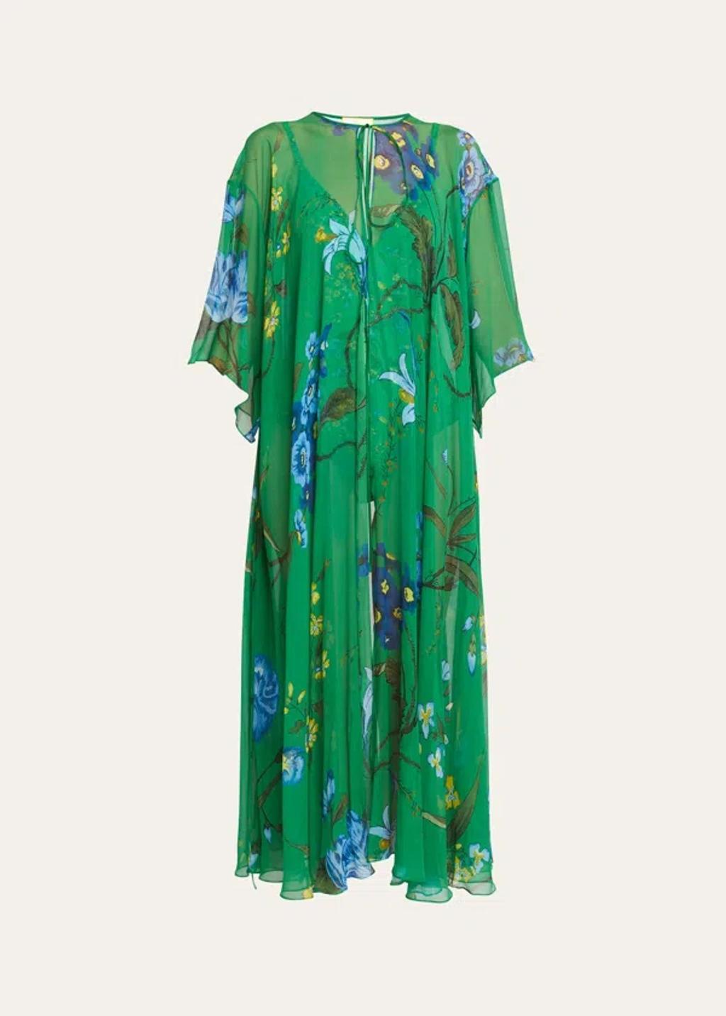 Floral-print Silk Open Maxi Kaftan Dress In Green Product Image