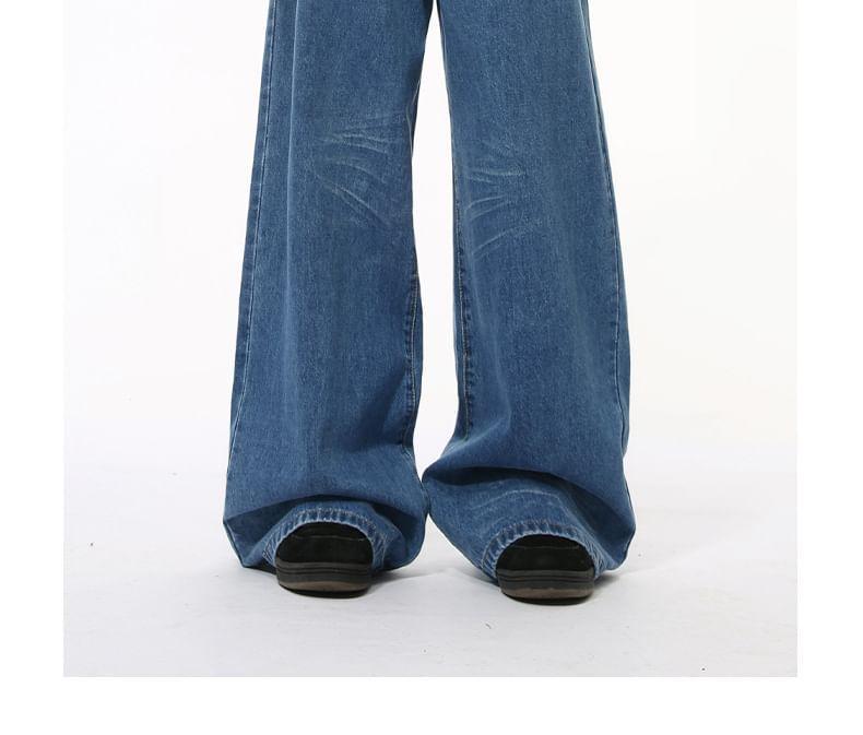 Mid Rise Lettering Applique Washed Wide Leg Jeans Product Image