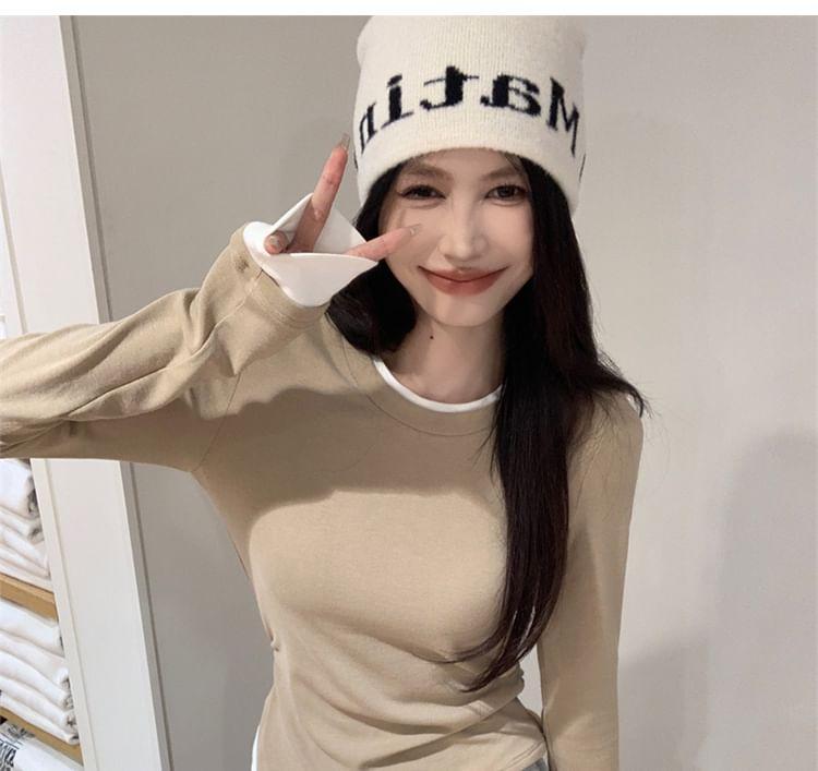 Long-Sleeve Round Neck Mock Two-Piece Two Tone Asymmetrical Slim Fit T-Shirt Product Image