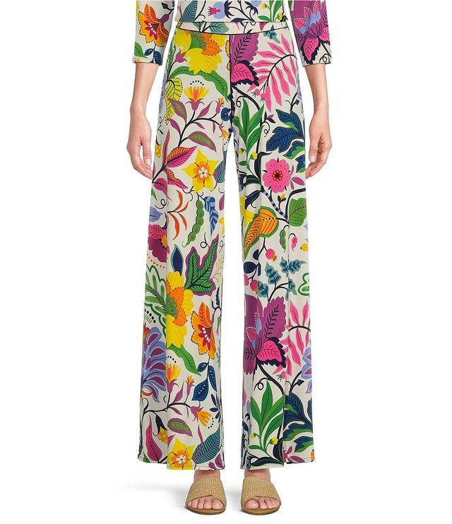 Eva Varro Mixed Floral Print Knit Jersey Elastic Waist Wide-Leg Pull-On Coordinating Pants Product Image